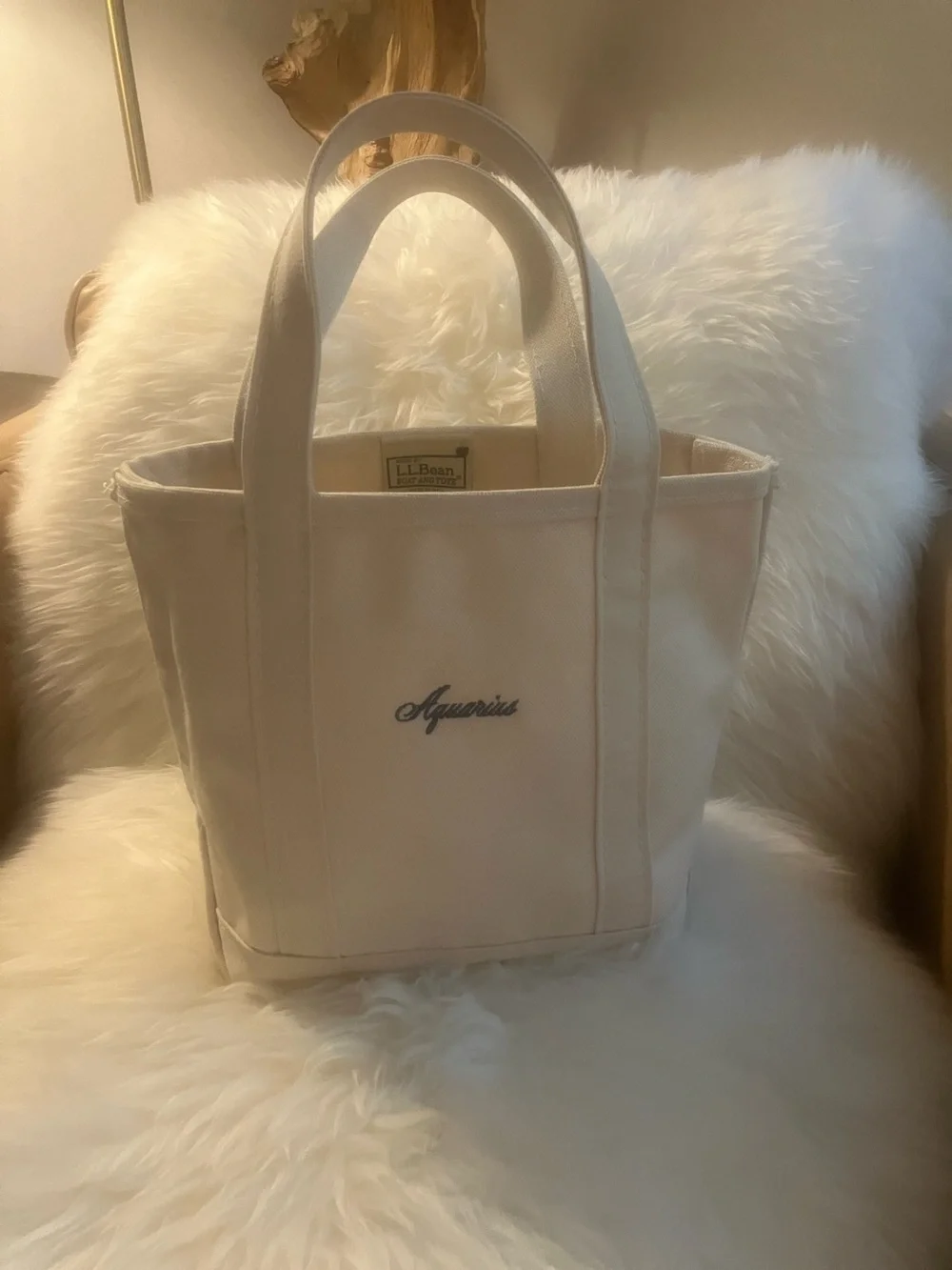 L.L. Bean Cream Canvas Tote with “Aquarius” monogram Embroidery small